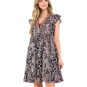 THML Boho Dress Women's Size XS Animal Print V-Neck Embroidered Flare XS NWT